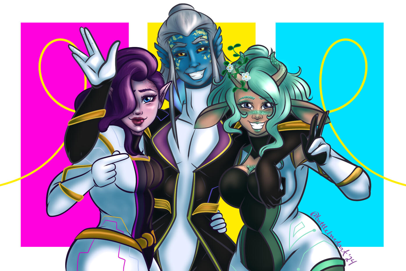 The Space Cadet Trio! Mj Starchild, Alhon1, and me! Three characters in futuristic space uniforms pose in front of the camera. One is a lavender skinned elf looking woman, one is a tall fish like man, and one if Bard.