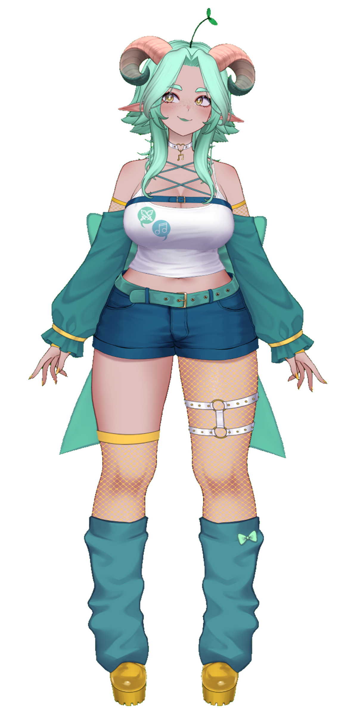 A tall, faunkin with mint green hair and golden eyes smiling out to the viewer!